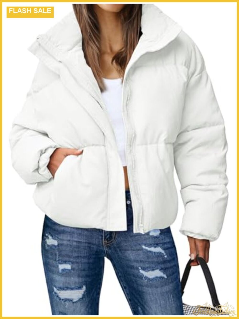 Women's Quilted Puffer Jacket Zip Up Cropped Winter Coat with Pockets